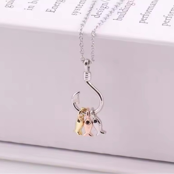 925 Sterling Silver Boho Minimalist Tri Metal Color Fish On A Hook Necklace - Picture 7 of 11
